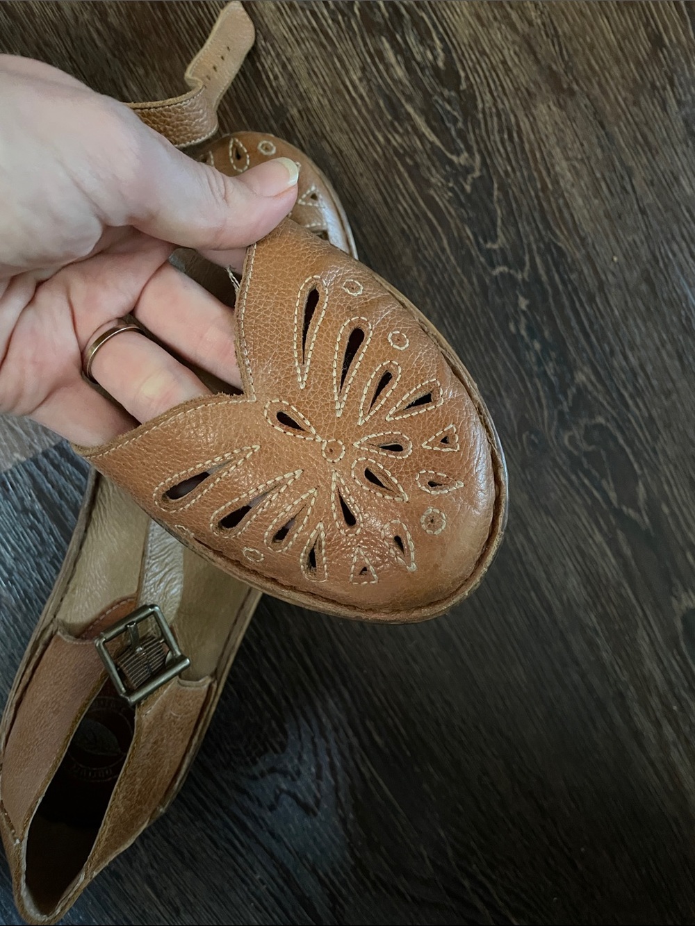 Women's Tan Leather Cutout Ankle-Strap Flats - Picture 8 of 8
